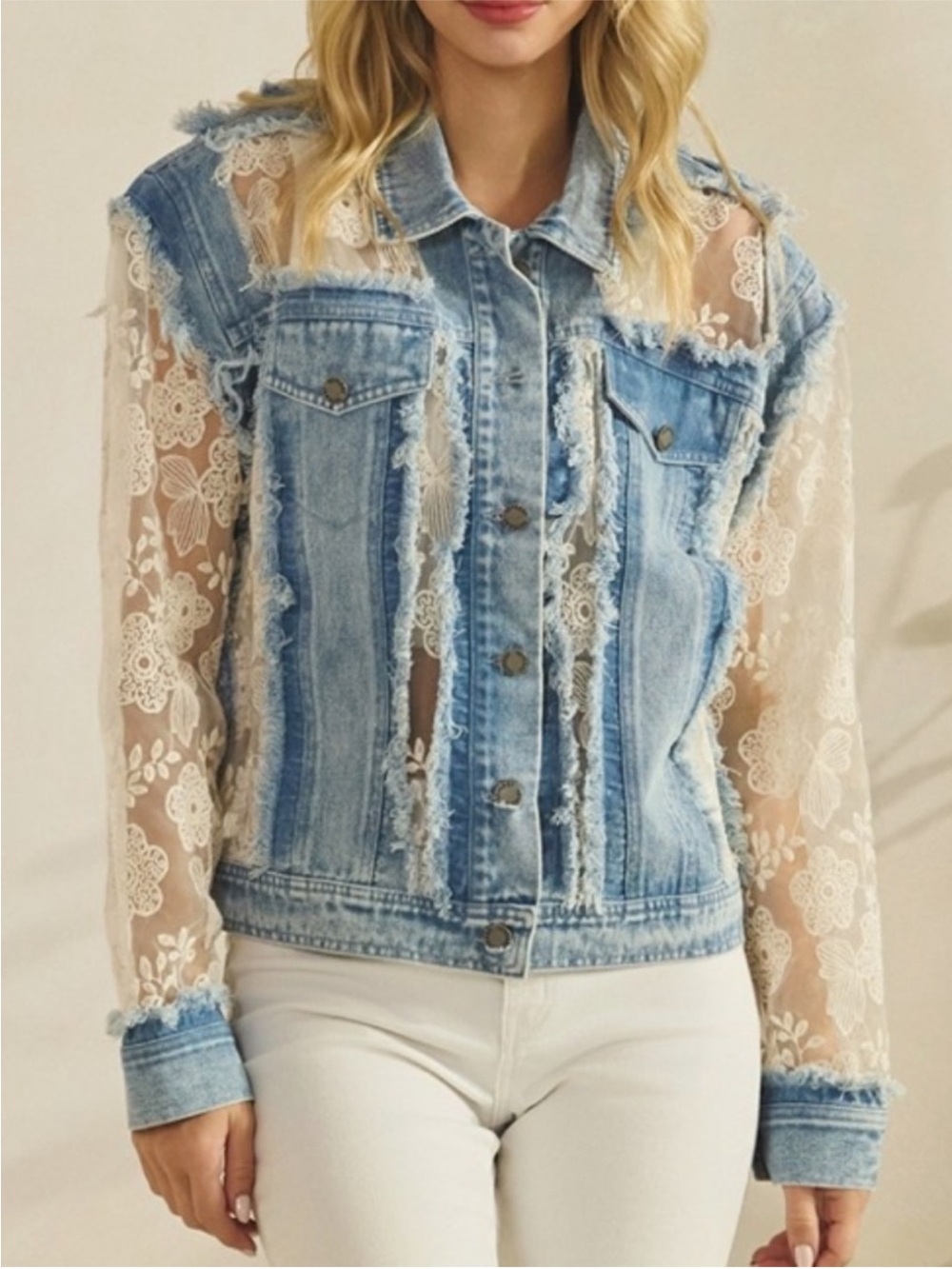 NWT Western Floral Lace Semi Sheer Button Down Frayed
Jacket - Picture 7 of 13